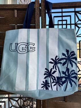 UGG Striped Canvas Tote with Navy Palm Tree Embroidery - Light Blue & White